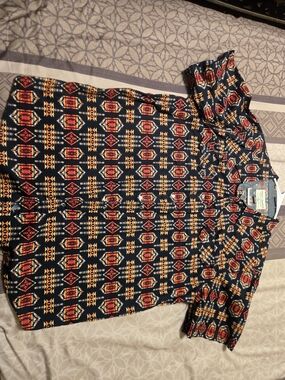 XL Cody James Navy Geometric Snap Button-Up Shirt with Red & Gold Pattern